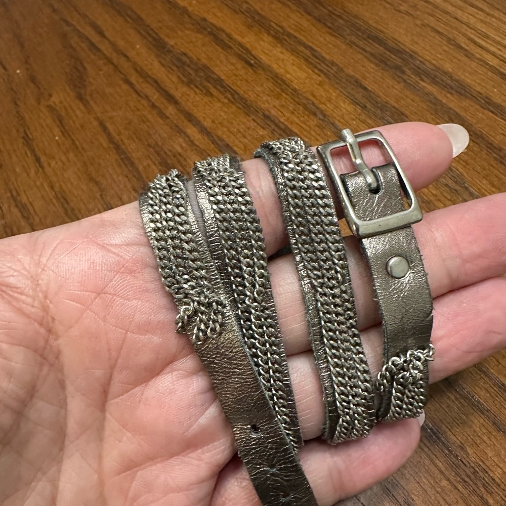 Leather Metallic Champagne/Silver Chain Wrap Bracelet with Buckle